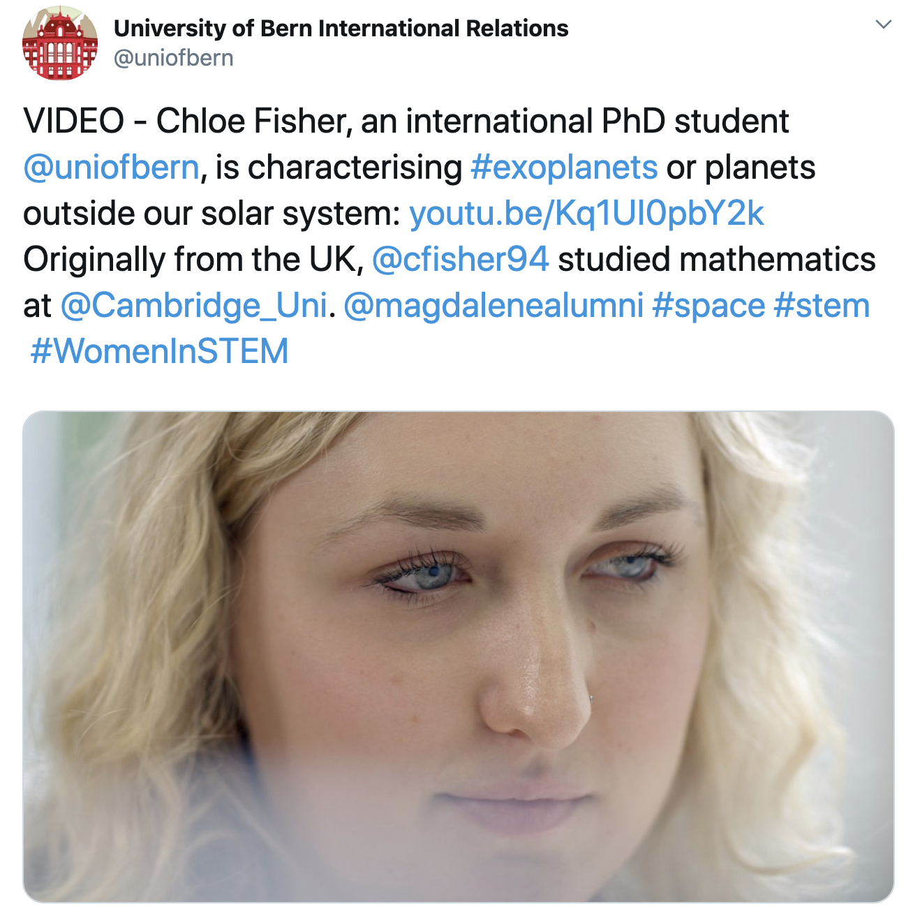 Tweet from University of Bern International Relations department. Below is a screen shot of the video showing Chloe's face.